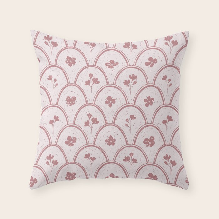 Rustic scallop floral block print - dusty rose pink pattern Throw Pillow Gallery Image 6