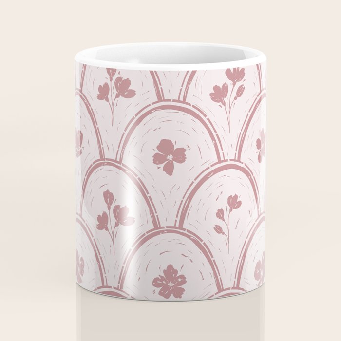 Rustic scallop floral block print - dusty rose pink pattern Coffee Mug Gallery Image 4
