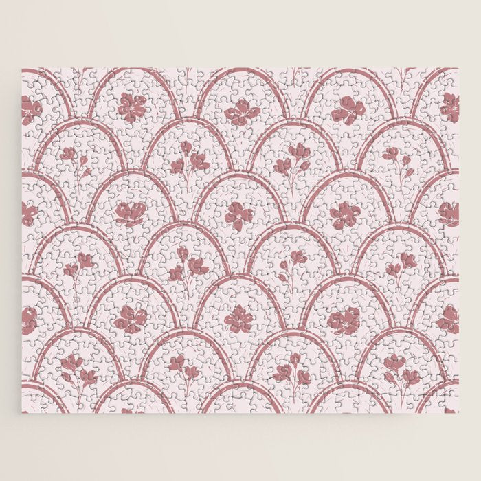 Rustic scallop floral block print - dusty rose pink pattern Jigsaw Puzzle Gallery Image 1