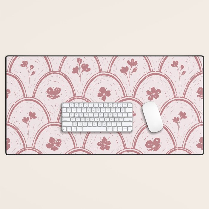 Rustic scallop floral block print - dusty rose pink pattern Desk Mat Gallery Image 1