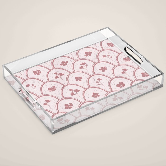 Rustic scallop floral block print - dusty rose pink pattern Acrylic Tray Gallery Image 1