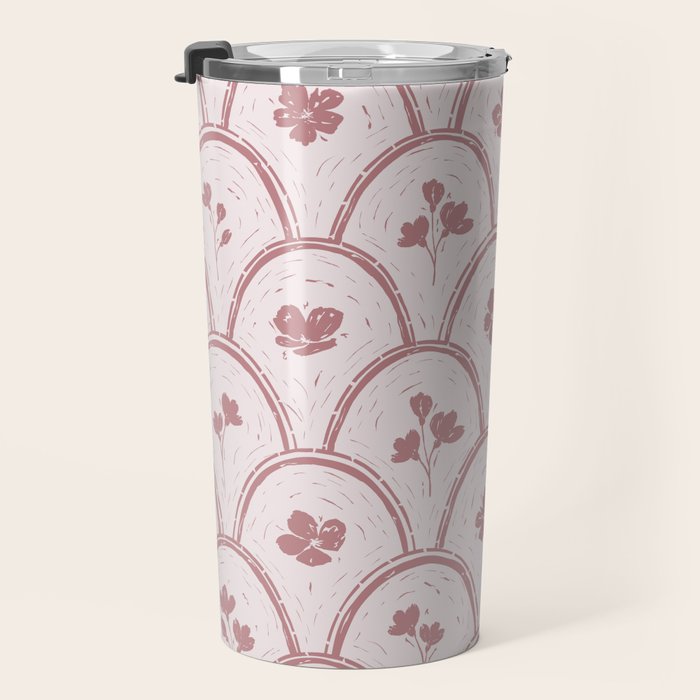 Rustic scallop floral block print - dusty rose pink pattern Travel Mug Gallery Image 3
