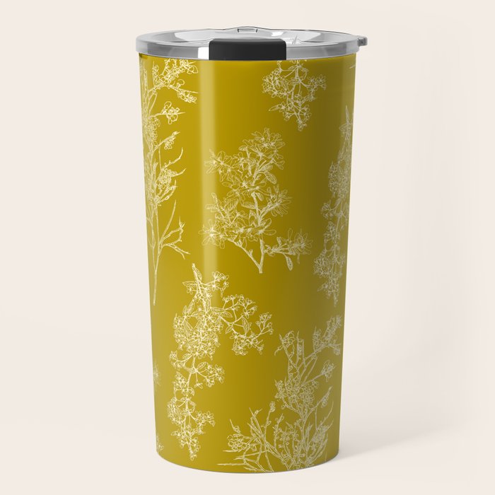 Botanical Cottage Pattern in Olive Chartreuse and Cream Travel Mug Gallery Image 1