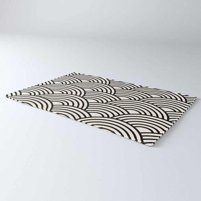 Black And Cream White Japanese Seigaiha Wave Rug Gallery Image 3