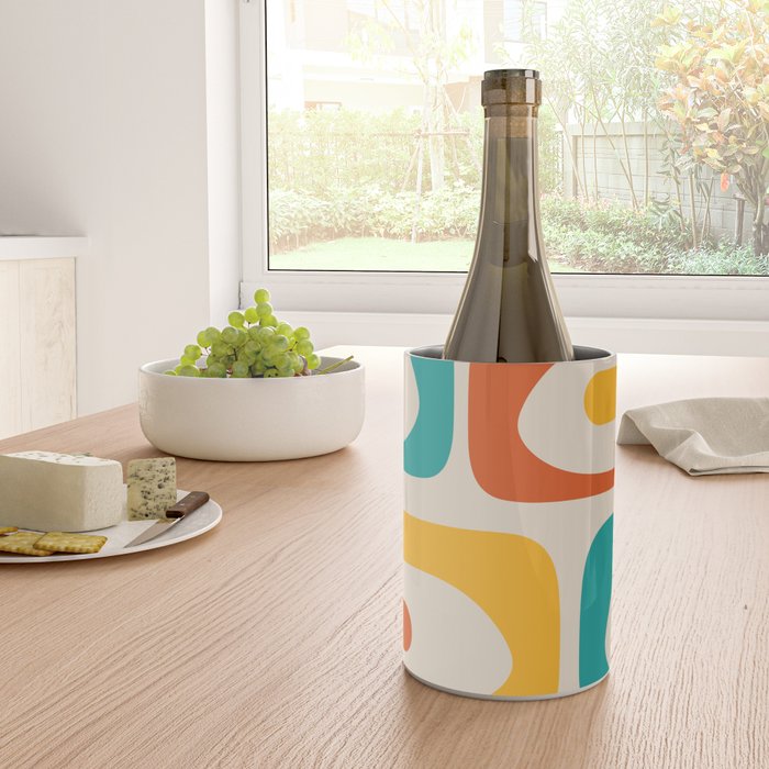 Mid Century Modern Piquet Abstract Pattern in Orange, Mustard Yellow, Turquoise Teal, and Cream Wine Chiller Gallery Image 4
