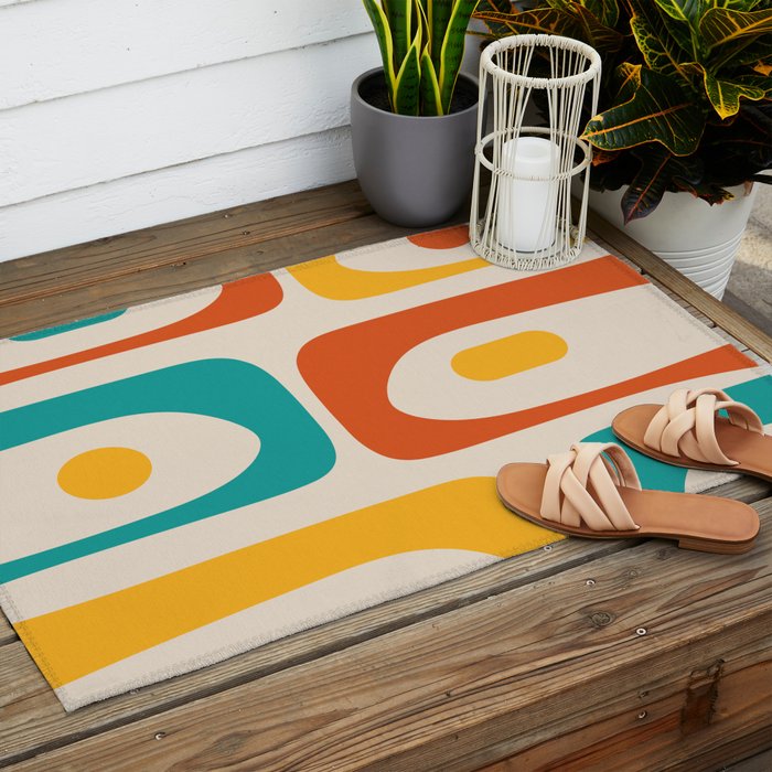 Mid Century Modern Piquet Abstract Pattern in Orange, Mustard Yellow, Turquoise Teal, and Cream Outdoor Rug Gallery Image 2