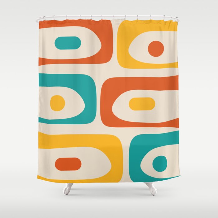 Mid Century Modern Piquet Abstract Pattern in Orange, Mustard Yellow, Turquoise Teal, and Cream Shower Curtain Gallery Image 1