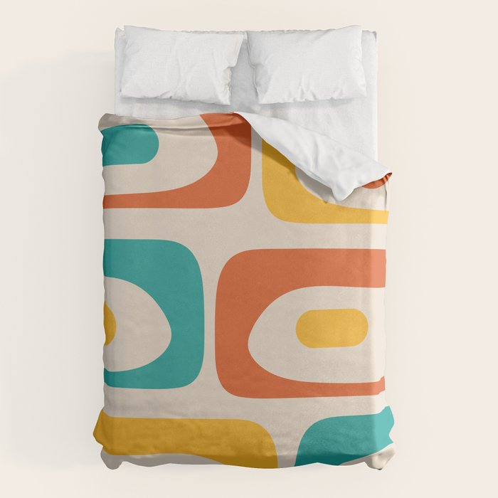 Mid Century Modern Piquet Abstract Pattern in Orange, Mustard Yellow, Turquoise Teal, and Cream Duvet Cover Gallery Image 1