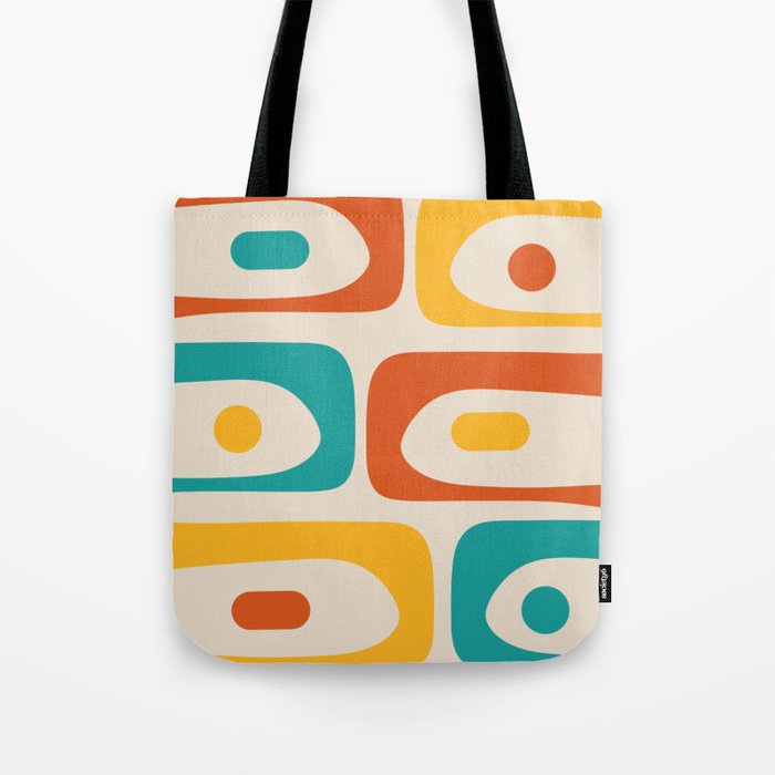 Mid Century Modern Piquet Abstract Pattern in Orange, Mustard Yellow, Turquoise Teal, and Cream Tote Bag Gallery Image 1