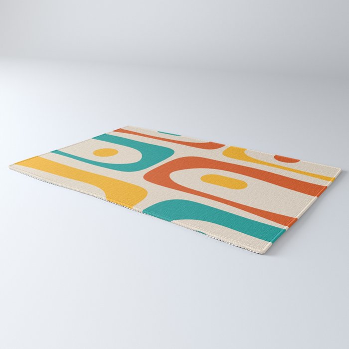 Mid Century Modern Piquet Abstract Pattern in Orange, Mustard Yellow, Turquoise Teal, and Cream Rug Gallery Image 3