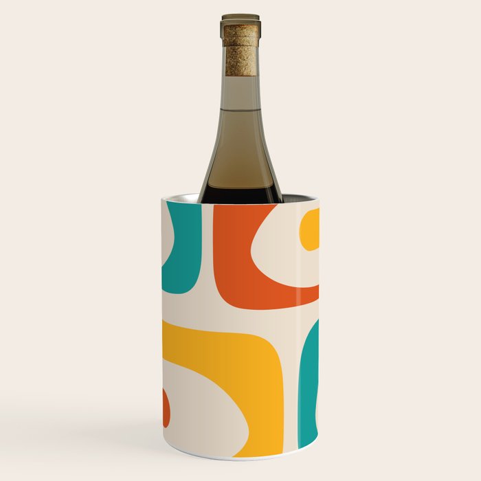 Mid Century Modern Piquet Abstract Pattern in Orange, Mustard Yellow, Turquoise Teal, and Cream Wine Chiller Gallery Image 1