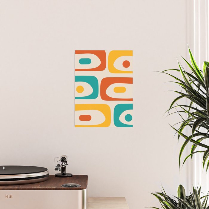 Mid Century Modern Piquet Abstract Pattern in Orange, Mustard Yellow, Turquoise Teal, and Cream Poster Gallery Image 2