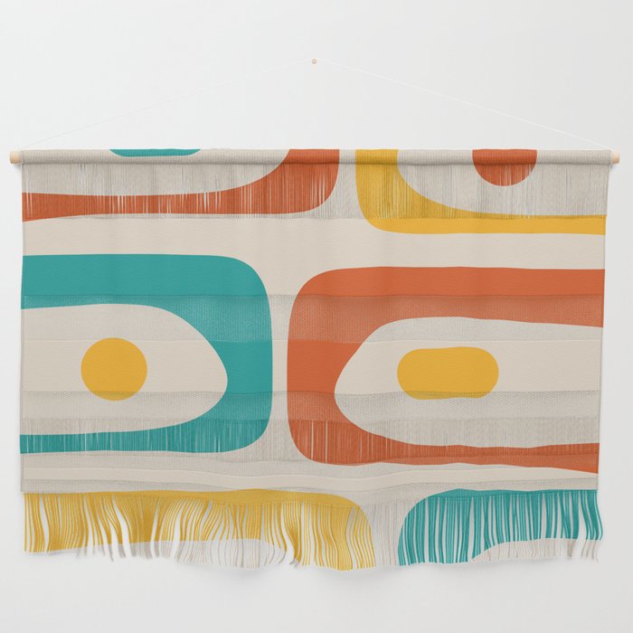 Mid Century Modern Piquet Abstract Pattern in Orange, Mustard Yellow, Turquoise Teal, and Cream Wall Hanging Gallery Image 1