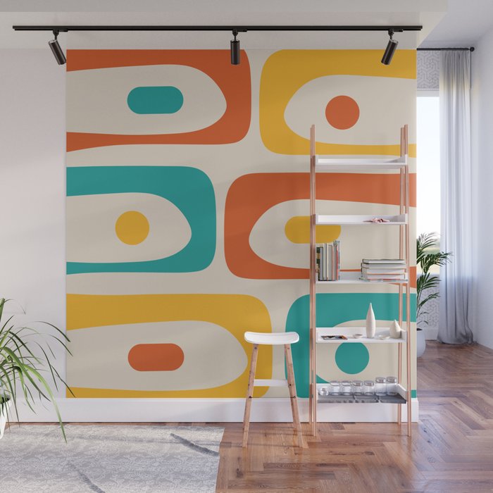 Mid Century Modern Piquet Abstract Pattern in Orange, Mustard Yellow, Turquoise Teal, and Cream Wall Mural Gallery Image 1