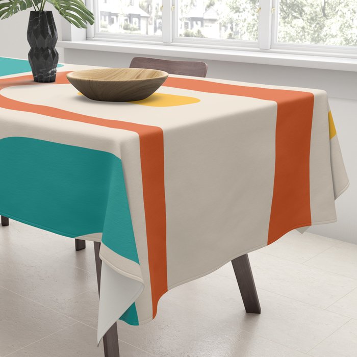 Mid Century Modern Piquet Abstract Pattern in Orange, Mustard Yellow, Turquoise Teal, and Cream Tablecloth Gallery Image 3