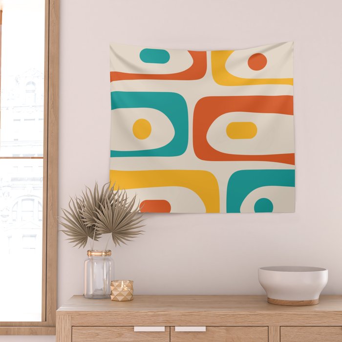 Mid Century Modern Piquet Abstract Pattern in Orange, Mustard Yellow, Turquoise Teal, and Cream Wall Tapestry Gallery Image 2