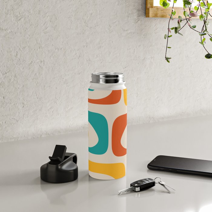 Mid Century Modern Piquet Abstract Pattern in Orange, Mustard Yellow, Turquoise Teal, and Cream Water Bottle Gallery Image 4