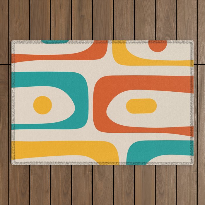 Mid Century Modern Piquet Abstract Pattern in Orange, Mustard Yellow, Turquoise Teal, and Cream Outdoor Rug Gallery Image 1