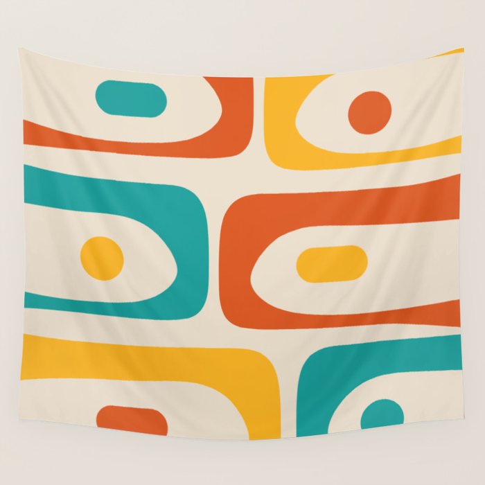 Mid Century Modern Piquet Abstract Pattern in Orange, Mustard Yellow, Turquoise Teal, and Cream Wall Tapestry Gallery Image 4