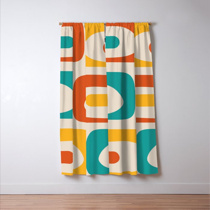 Mid Century Modern Piquet Abstract Pattern in Orange, Mustard Yellow, Turquoise Teal, and Cream Window Curtain Gallery Image 3