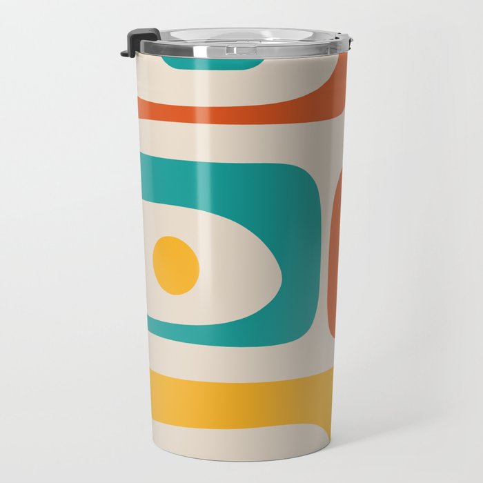 Mid Century Modern Piquet Abstract Pattern in Orange, Mustard Yellow, Turquoise Teal, and Cream Travel Mug Gallery Image 3