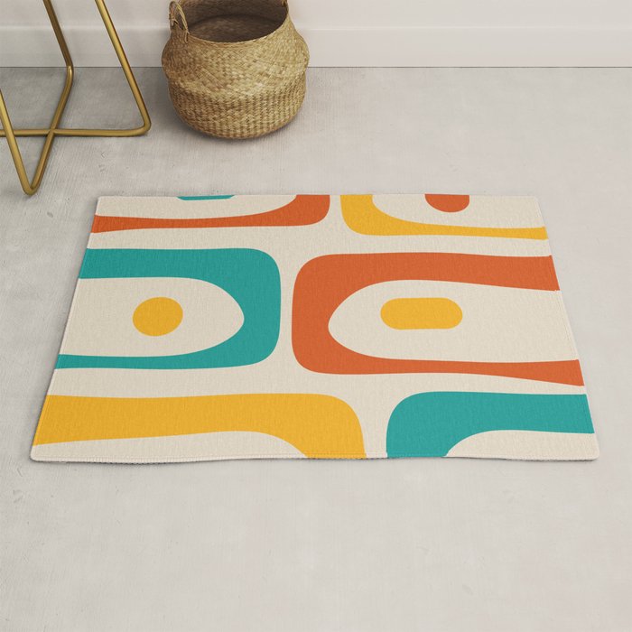Mid Century Modern Piquet Abstract Pattern in Orange, Mustard Yellow, Turquoise Teal, and Cream Rug Gallery Image 1