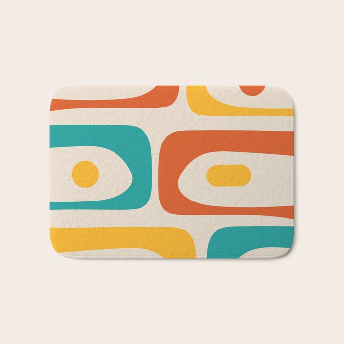 Mid Century Modern Piquet Abstract Pattern in Orange, Mustard Yellow, Turquoise Teal, and Cream Bath Mat Gallery Image 1