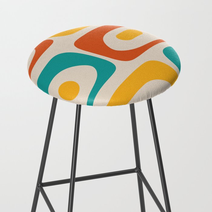 Mid Century Modern Piquet Abstract Pattern in Orange, Mustard Yellow, Turquoise Teal, and Cream Stool Gallery Image 2