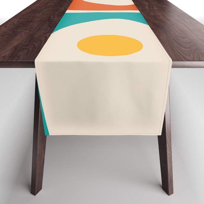 Mid Century Modern Piquet Abstract Pattern in Orange, Mustard Yellow, Turquoise Teal, and Cream Table Runner Gallery Image 1