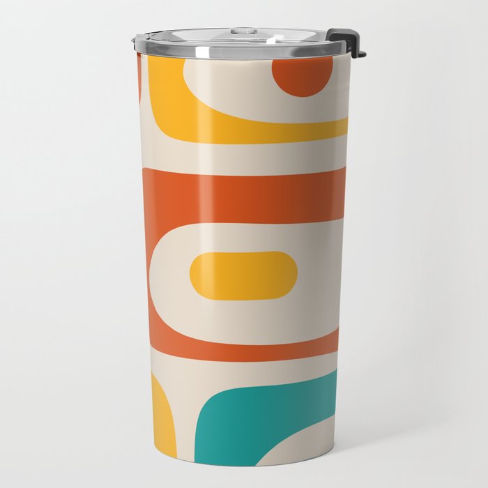 Mid Century Modern Piquet Abstract Pattern in Orange, Mustard Yellow, Turquoise Teal, and Cream Travel Mug Gallery Image 2