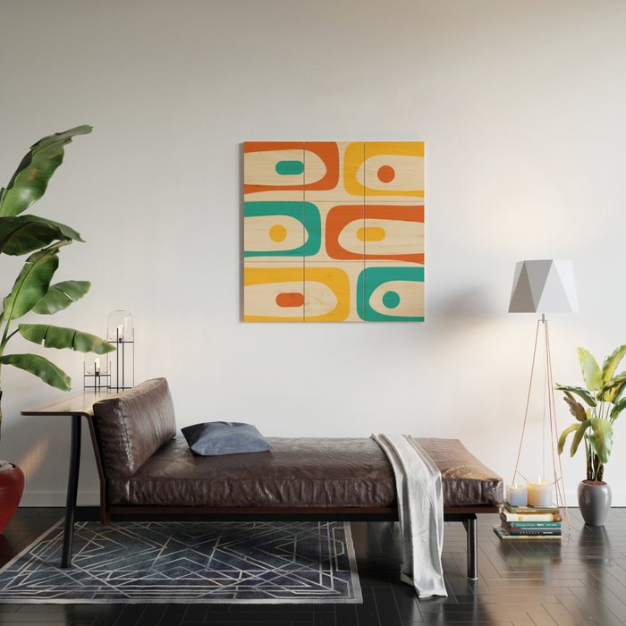Mid Century Modern Piquet Abstract Pattern in Orange, Mustard Yellow, Turquoise Teal, and Cream Wood Wall Art Gallery Image 2