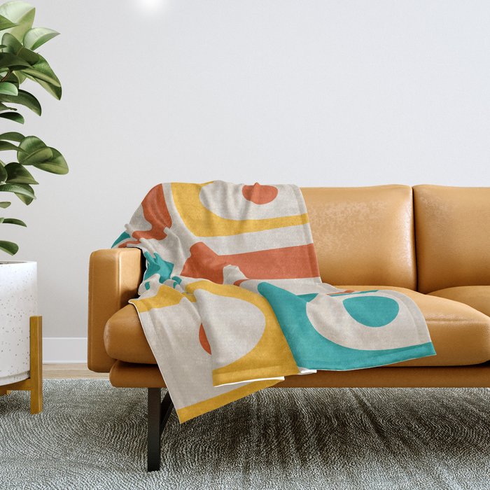 Mid Century Modern Piquet Abstract Pattern in Orange, Mustard Yellow, Turquoise Teal, and Cream Throw Blanket Gallery Image 1