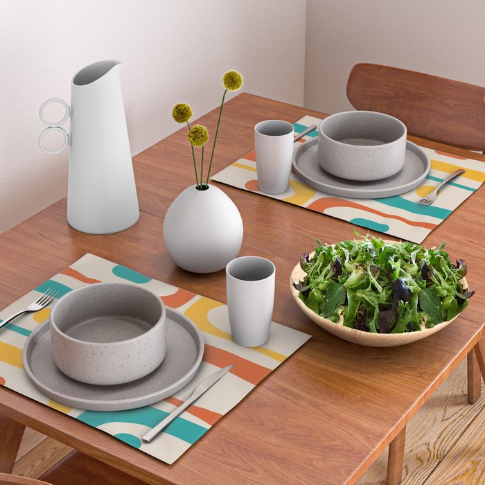 Mid Century Modern Piquet Abstract Pattern in Orange, Mustard Yellow, Turquoise Teal, and Cream Placemat Gallery Image 2
