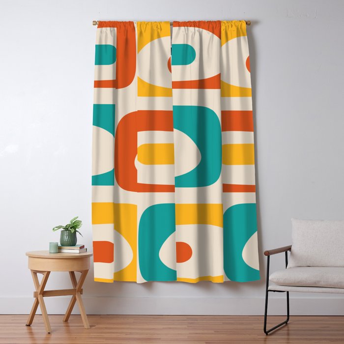 Mid Century Modern Piquet Abstract Pattern in Orange, Mustard Yellow, Turquoise Teal, and Cream Window Curtain Gallery Image 5