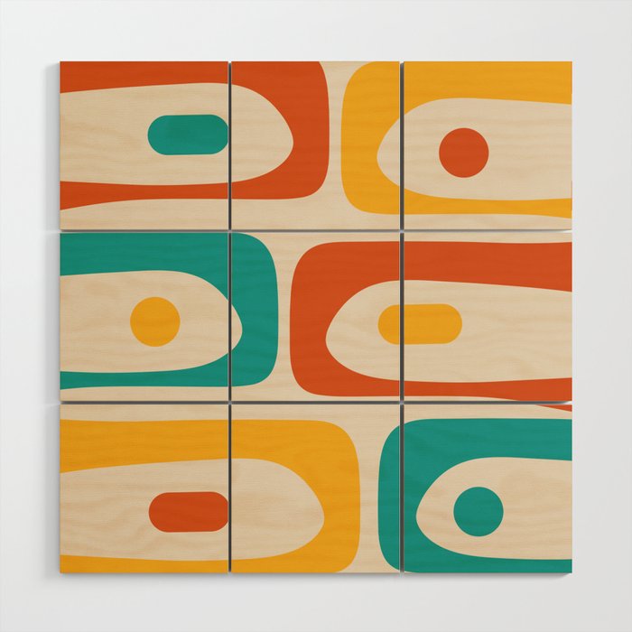 Mid Century Modern Piquet Abstract Pattern in Orange, Mustard Yellow, Turquoise Teal, and Cream Wood Wall Art Gallery Image 1