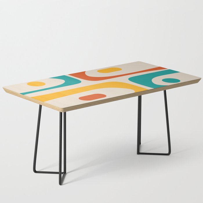 Mid Century Modern Piquet Abstract Pattern in Orange, Mustard Yellow, Turquoise Teal, and Cream Coffee Table Gallery Image 1