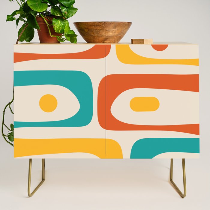Mid Century Modern Piquet Abstract Pattern in Orange, Mustard Yellow, Turquoise Teal, and Cream Credenza Gallery Image 1