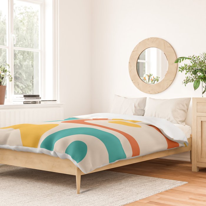 Mid Century Modern Piquet Abstract Pattern in Orange, Mustard Yellow, Turquoise Teal, and Cream Duvet Cover Gallery Image 2