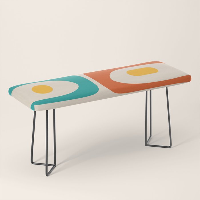 Mid Century Modern Piquet Abstract Pattern in Orange, Mustard Yellow, Turquoise Teal, and Cream Bench Gallery Image 1
