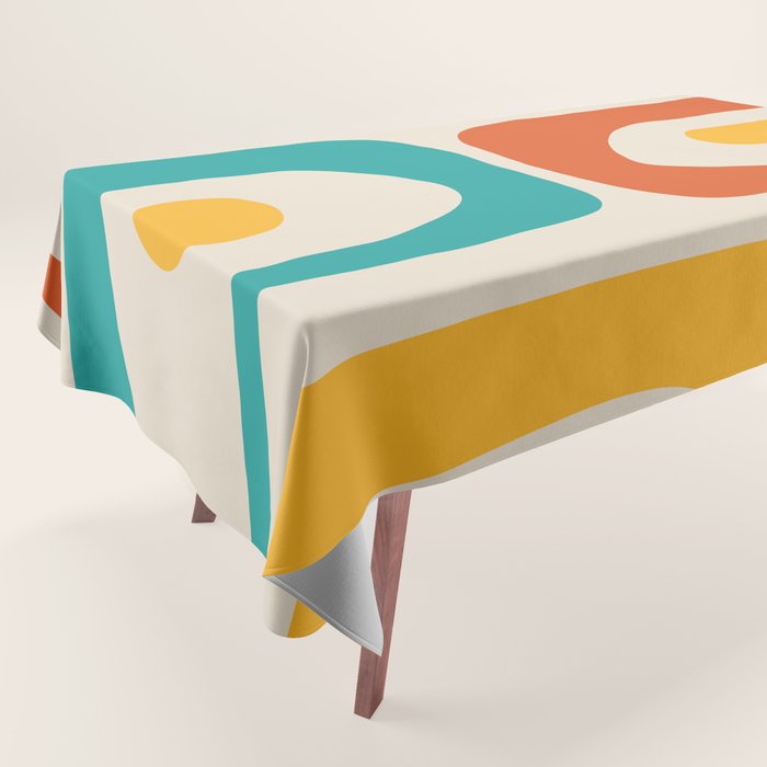 Mid Century Modern Piquet Abstract Pattern in Orange, Mustard Yellow, Turquoise Teal, and Cream Tablecloth Gallery Image 1