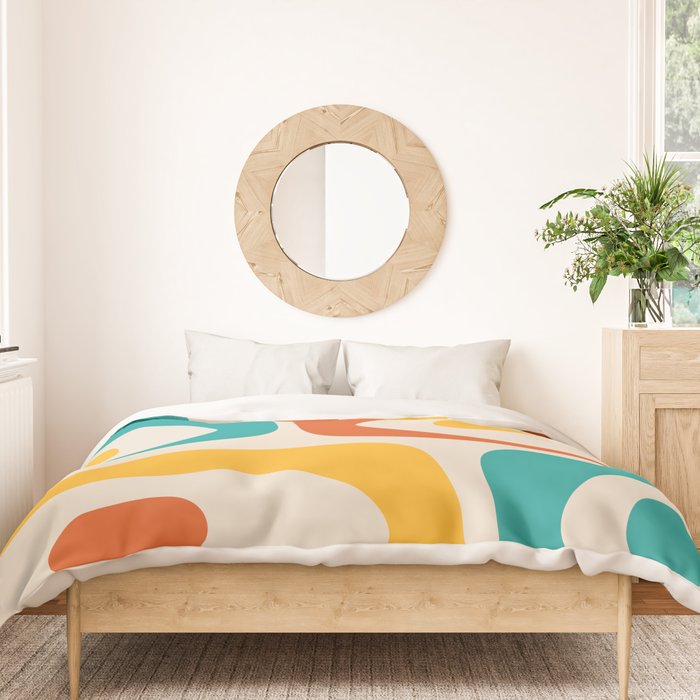 Mid Century Modern Piquet Abstract Pattern in Orange, Mustard Yellow, Turquoise Teal, and Cream Duvet Cover Gallery Image 3