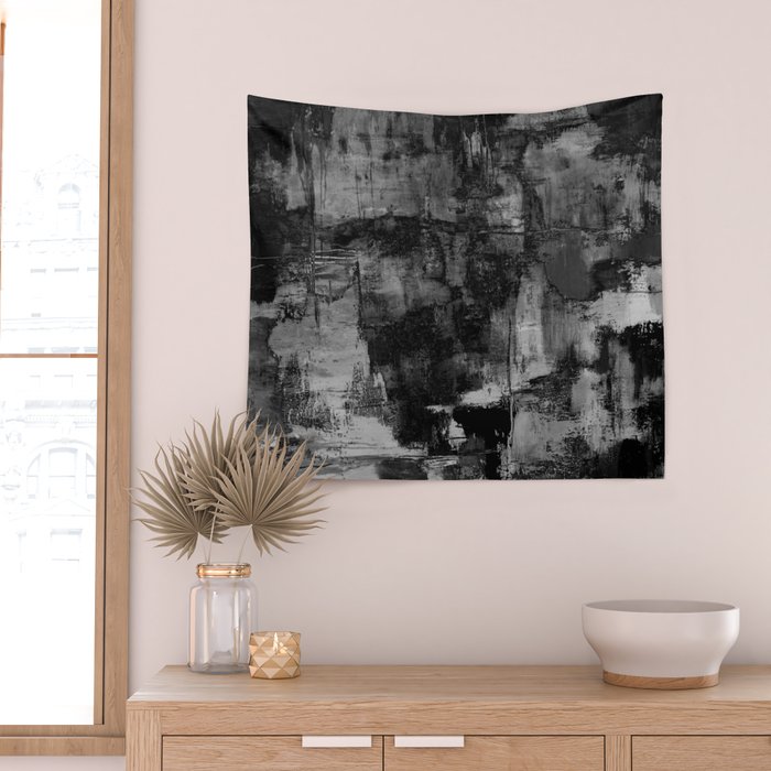 Crackled Gray - Black, white and gray, grey textured abstract Wall Tapestry Gallery Image 2