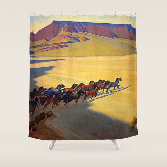 âWild Horses of Nevadaâ by Maynard Dixon Shower Curtain Gallery Image 1