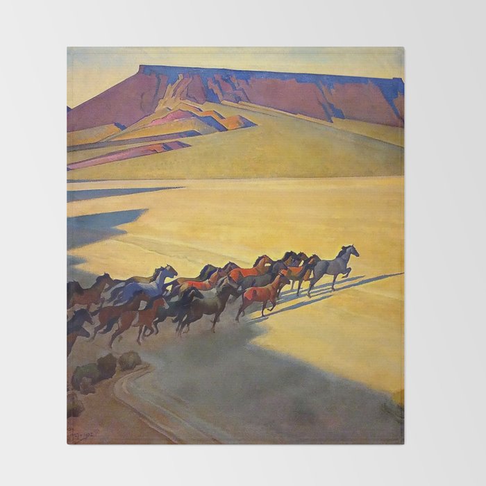 âWild Horses of Nevadaâ by Maynard Dixon Throw Blanket Gallery Image 2