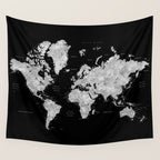 Black and grey watercolor world map with cities Wall Tapestry Gallery Image 4