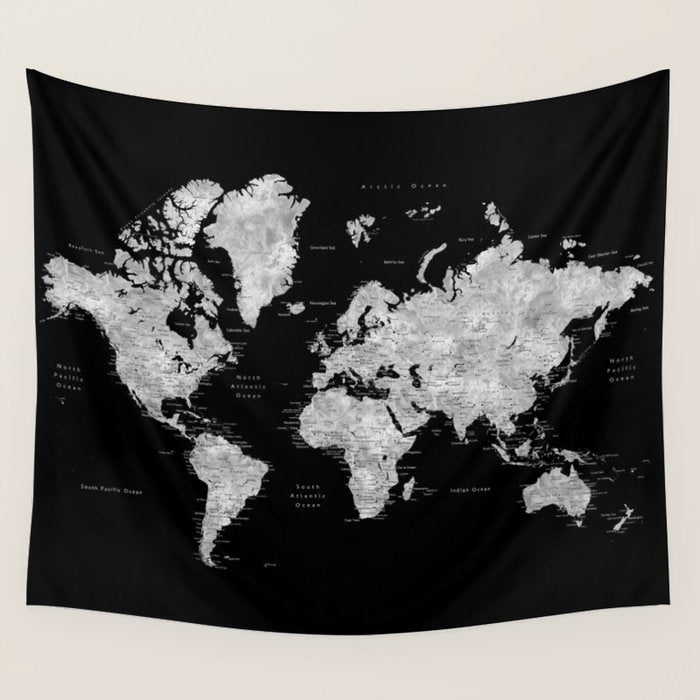 Black and grey watercolor world map with cities Wall Tapestry Gallery Image 4