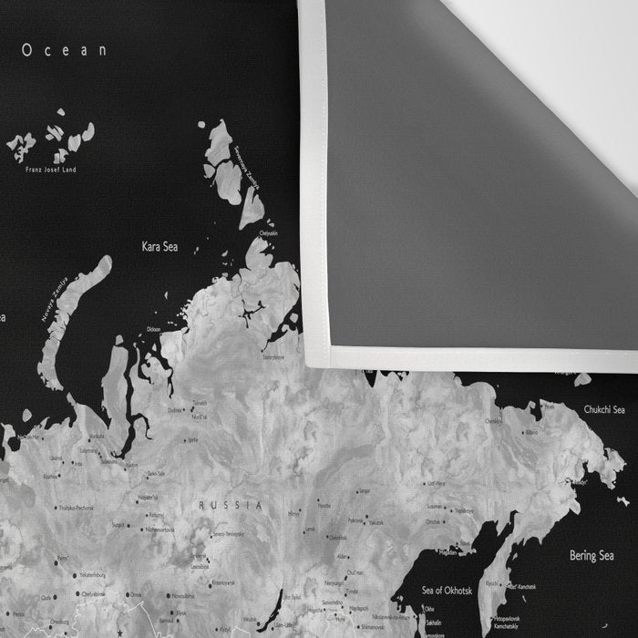 Black and grey watercolor world map with cities Wall Tapestry Gallery Image 3