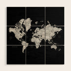 Black and grey watercolor world map with cities Wood Wall Art Gallery Image 1