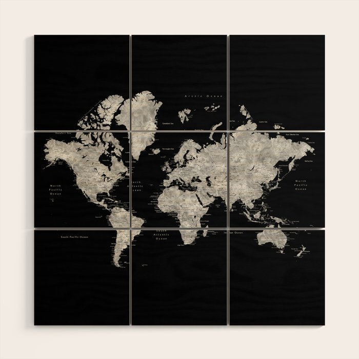 Black and grey watercolor world map with cities Wood Wall Art Gallery Image 1