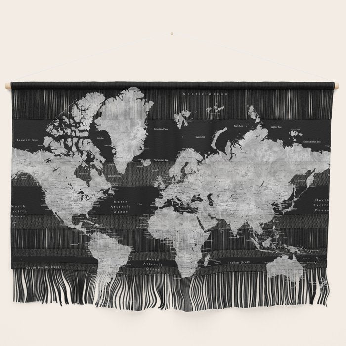 Black and grey watercolor world map with cities Wall Hanging Gallery Image 1